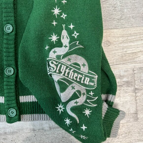 Harry Potter Kelly Green Slytherin Embroidered Cardigan Sweater B27 - Picture 2 of 6